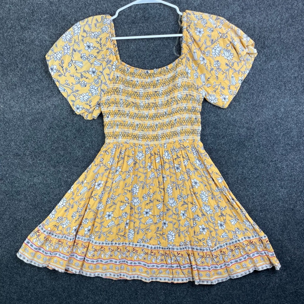 Altar'd State Floral Smocked Bodice Mini Dress Women's Small Yellow